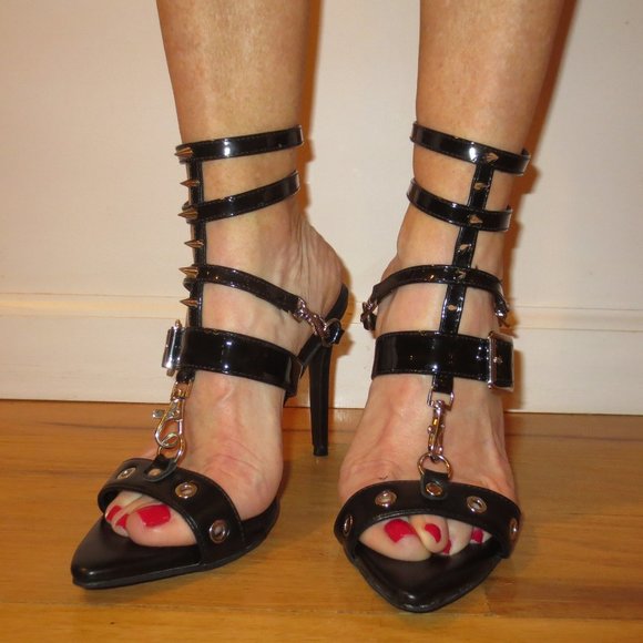 LAST CHANCE NNB Black Fetish High Heel Hardware Stiletto Sandal - Picture 1 of 10